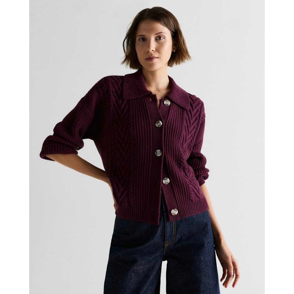 QUINCE Purple Cable Knit Cardigan Sweater Organic Cotton Knitwear Solid Small